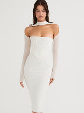 White Long Sleeve Mesh Corset Cocktail Midi Dress